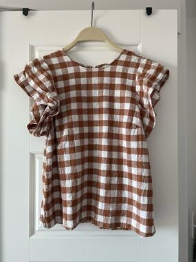 a new day Rust and White Gingham Ruffle Sleeve Blouse